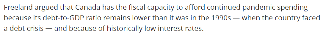 It is infuriating how the false narrative that Canada faced a "debt crisis" in the 1990s has been repeated so often by fiscal conservatives, it is now reported as fact--even by platforms that should know better (eg.  @CBCNews  https://www.cbc.ca/news/politics/freeland-toronto-global-forum-1.5779960). ...2