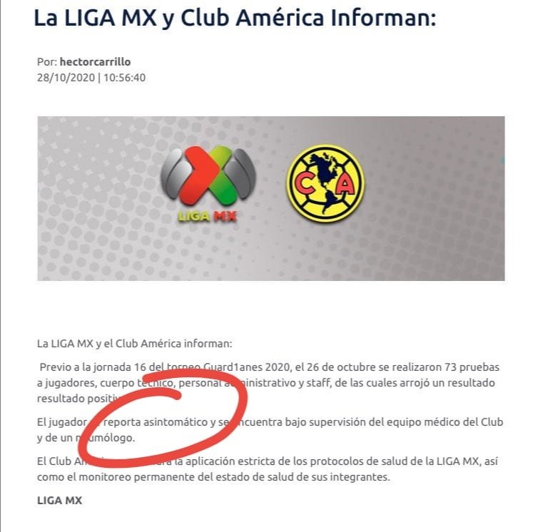 Hace unos meses, cuando en América se presentaron varios casos de COVID-19 que fueron ocultados, se nos reventó a los que lo informamos.
Hoy la Liga MX informa que América tiene un jugador positivo ASINTOMÁTICO, sin embargo, Federico Viñas comenta que sí tuvo SÍNTOMAS.
🤷🏽♂️ https://t.co/0f9XrlVHG8