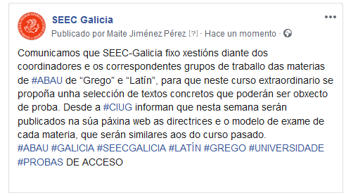 SEECGalicia's tweet photo. AVISO IMPORTANTE
#abau
#latín
#griego
#selectividade https://t.co/fC5ArEKyR0