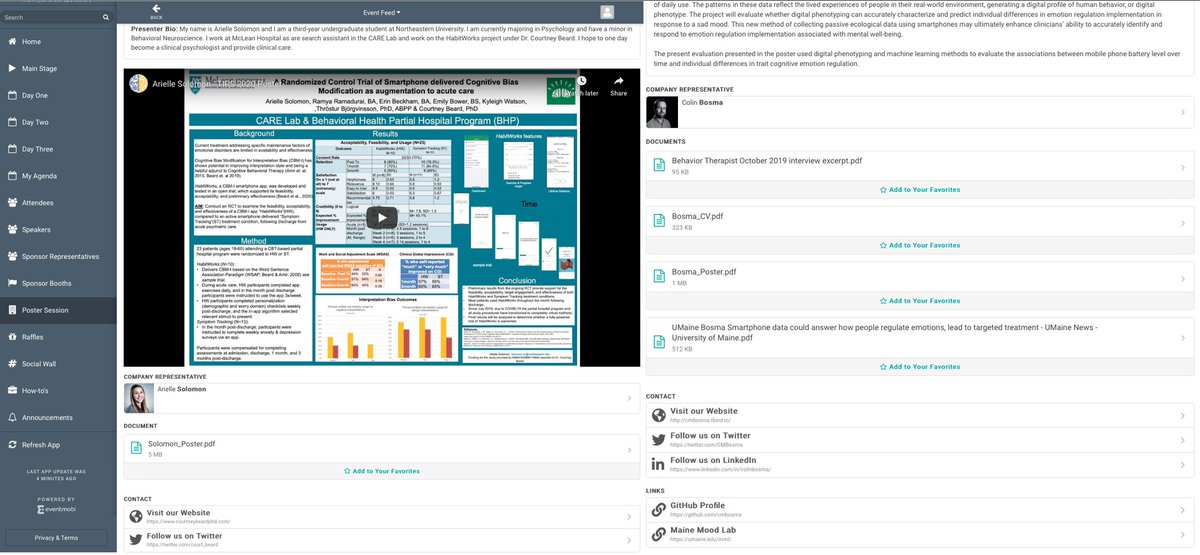 DepressionLab's tweet photo. POSTER SESSION REVOLUTIONIZED! Maybe this isn't new, but it's the first/best time I've seen something this comprehensive for a poster session. video explanations, downloadable PDFs, bios, links to social media and research websites and papers and githubs with code! AWESOME 2/n https://t.co/k14th8k7NT