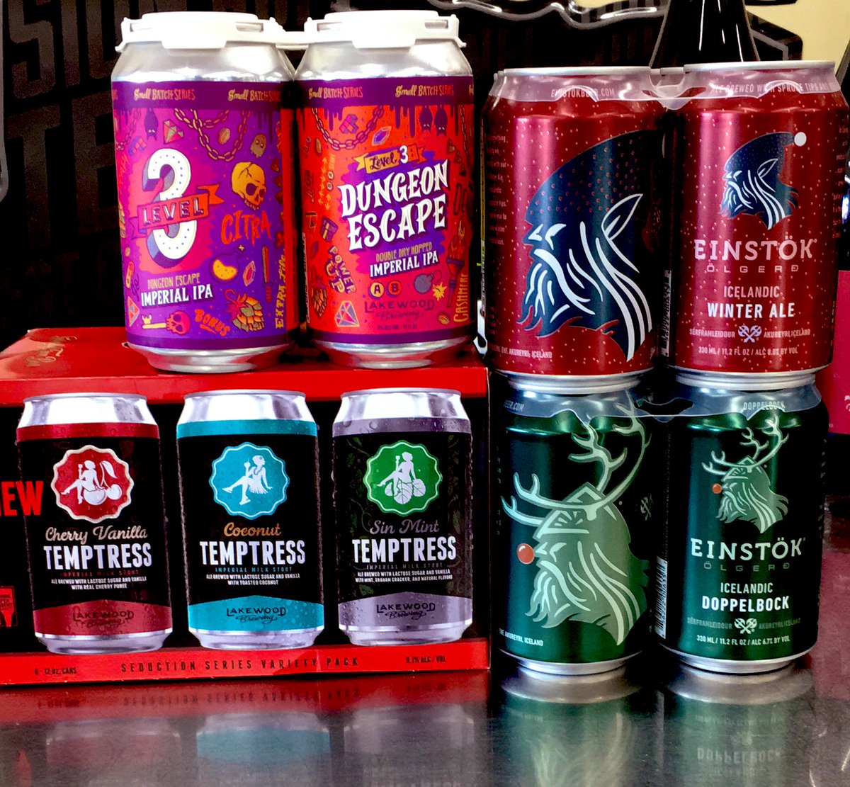 SunriseMiniMart's tweet photo. In now @lakewoodbrewing #theseduction #temptress #samplerpack & #dungeonescape #doubledryhopped #imperialipa & @einstok #winterale & #doppelbock #sunrisebottleshop https://t.co/lYulDBZcgp