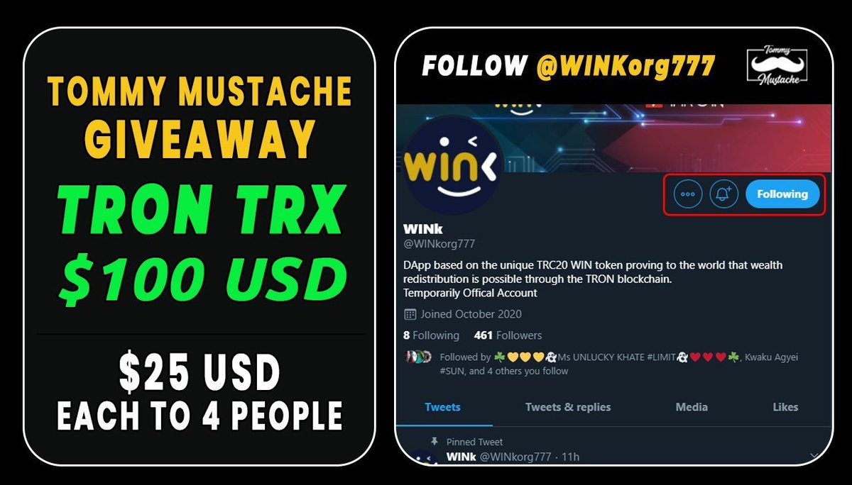 MustacheTommy's tweet image. $100 USD Giveway - Sponsored by Tommy Mustache
$25 USD each to 4 winners paid in $TRX

❤️ Follow myself + @WINkorg777 
❤️ Tag 3 friends + one crypto influencer
❤️ Like + Retweet

❤️Comment:  Wink is the # 1 Tron DApp since Oct 2018 and the King of Blockchain Casinos