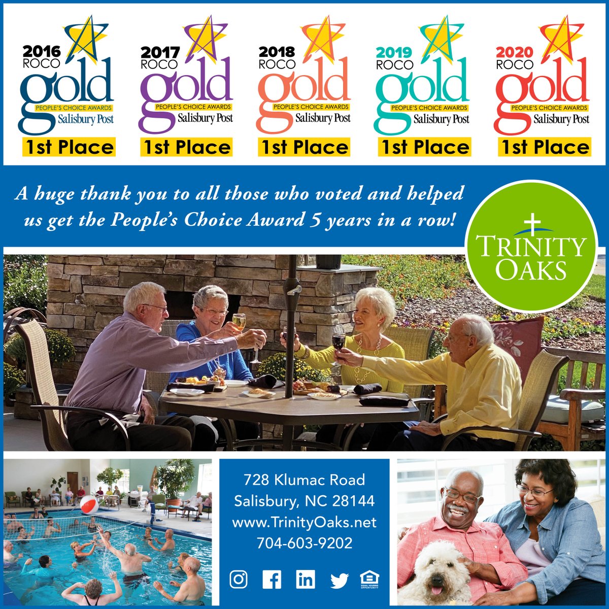 trinityoaksccrc's tweet photo. A huge thank you to all those who voted and helped us get the Peopleโs Choice Award 5 years in a row! @salisburypost #trinityoaks #ccrc #activeseniorliving #rocogoldawards #peopleschoiceaward #rocogold2020 https://t.co/CmgYSITKj4 https://t.co/UppMn7xO9h