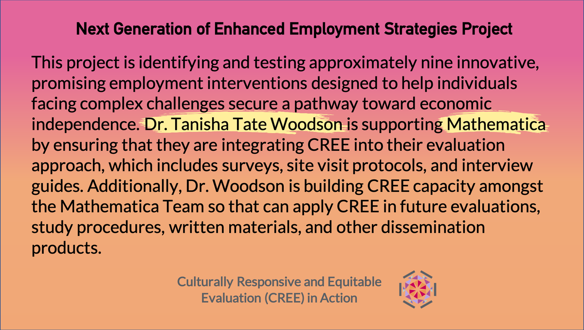 ExpandTheBench's tweet photo. Dr. Woodson and @MathematicaNow are putting #CREEInAction by working together to ensure that CREE is integrated not only in the #evaluation process but into all stages of this project.
Learn more about this project: https://t.co/FeAQvijm5M https://t.co/Jpw6AwMgDD