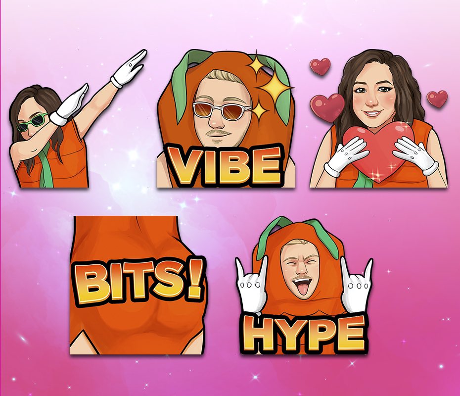 MoonlightSocial's tweet photo. Check it out! New emotes for our @Twitch subs! It’s like we’re #prostreamers now! Come use them in our stream tonight at 5 pm central 😘🤘🥕 https://t.co/5ZkmLpQj36