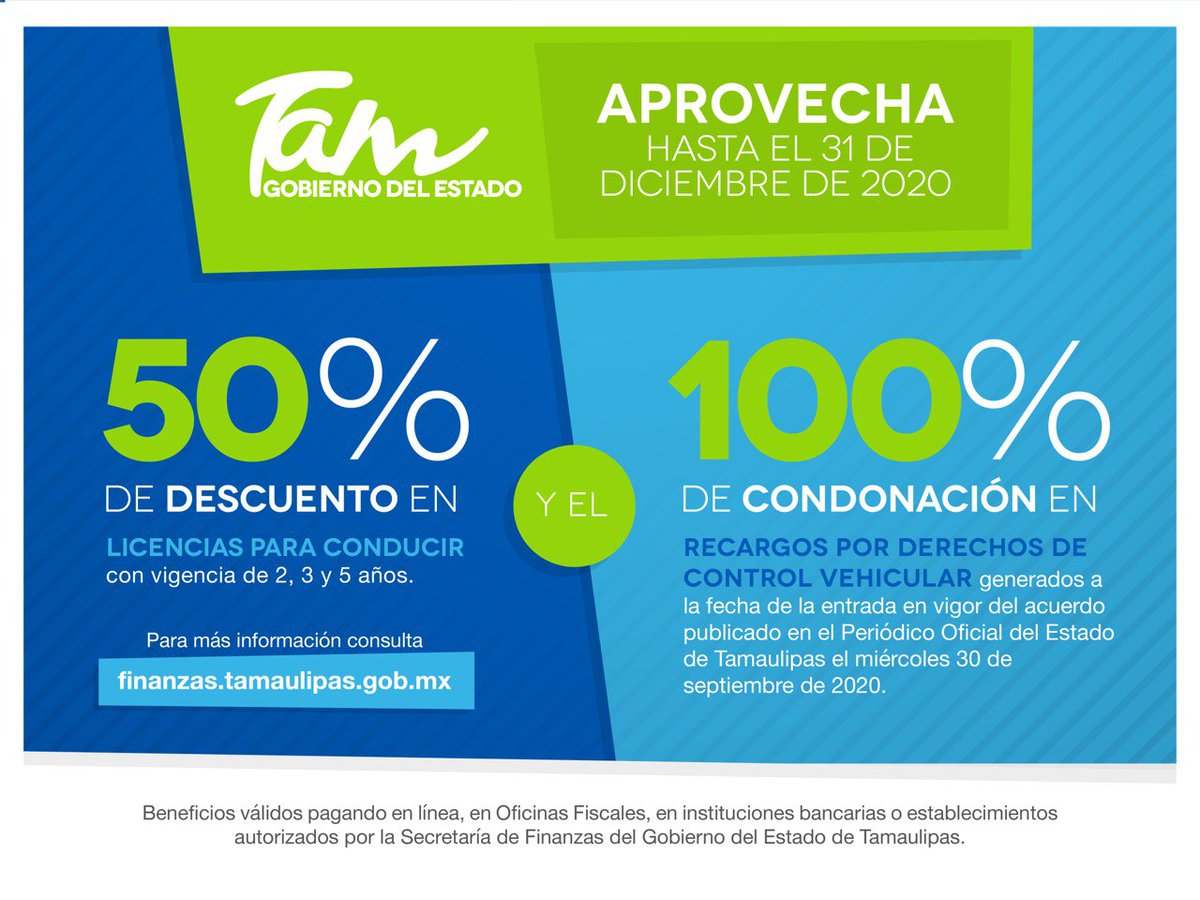 En apoyo a las familias y ante la situación económica derivada de la contingencia por #COVID19, he instruido a la Secretaría de Finanzas del <a href="/gobtam/">Gobierno Tamaulipas</a>, extender hasta el 31 de diciembre el beneficio de descuentos en licencias de conducir y recargos en derechos de control vehicular.