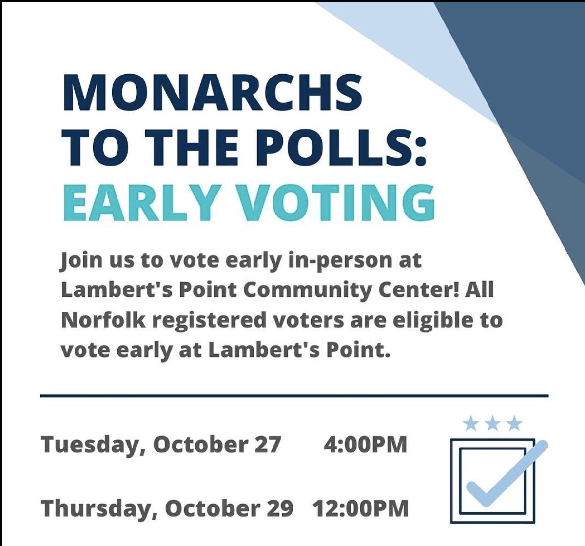 If you haven’t voted yet and are registered to do so in Norfolk, you can walk to the polls with other ODU students tomorrow at 12 p.m. Meet at Kaufman Mall.  #ODU #Voteready <a href="/oduvotes/">oduvotes</a> #ODUVotes