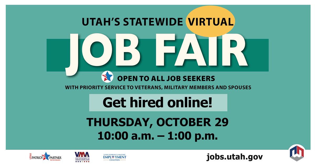 JobsUT's tweet photo. Join us Thursday for a free virtual job fair with 100 employers from around the state! Learn more at https://t.co/vGM2VjUNKY

#jobfair #nowhiring #utpol https://t.co/EkXvUCIWrn
