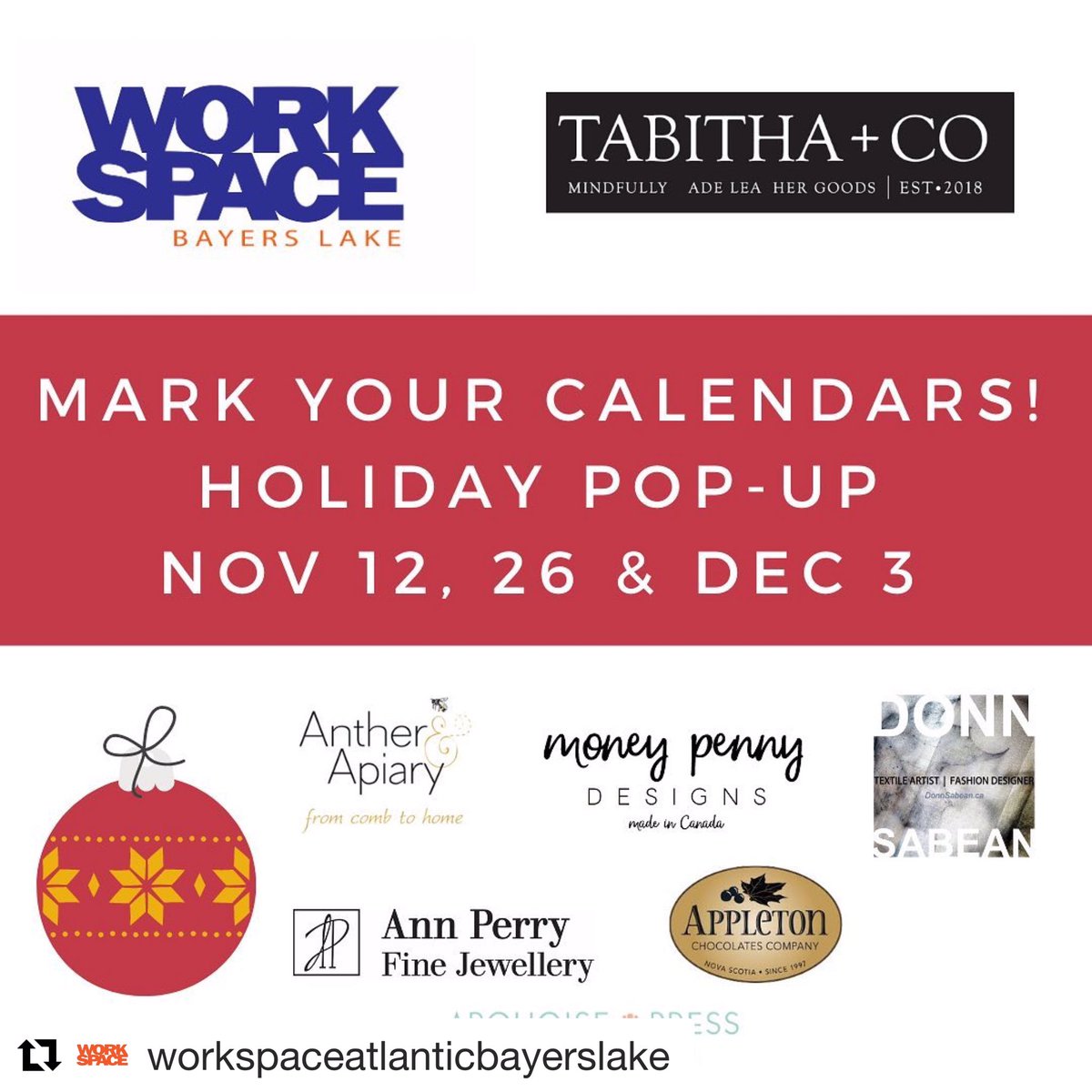 tabithacompany's tweet photo. Mark your calendars!
@WS_Atlantic Bayers Lake is hosting a one stop 🎁 shopping ‘#Holiday #PopUpShop’.
In support of @FamilySOS , #WorkSpaceAtlantic Bayers Lake invites everyone to support the Raffle Event on the ‘Artisan #HolidayGiftBasket’, retail value of $500. https://t.co/B1XBrsTDPm