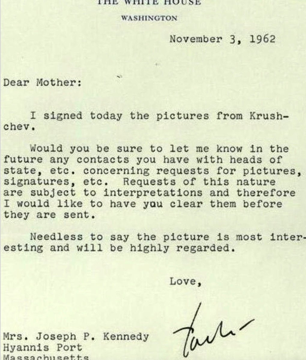 JFK’s classic letter to his mother six days after Cuban Missile Crisis, which ended today 1962: