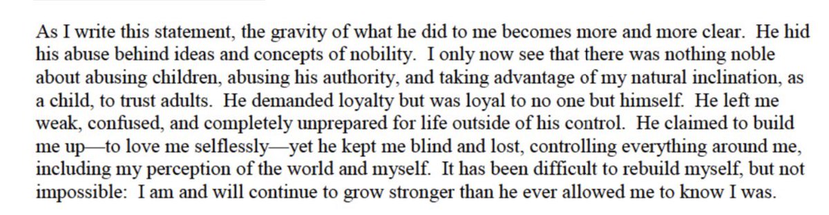 “He demanded loyalty but was loyal to no one but himself.”She had a sexual relationship with Raniere for a decade. She says there have been days she wondered if leaving was the right thing.“I am and will continue to grow stronger than he ever allowed me to know I was.”  #NXIVM