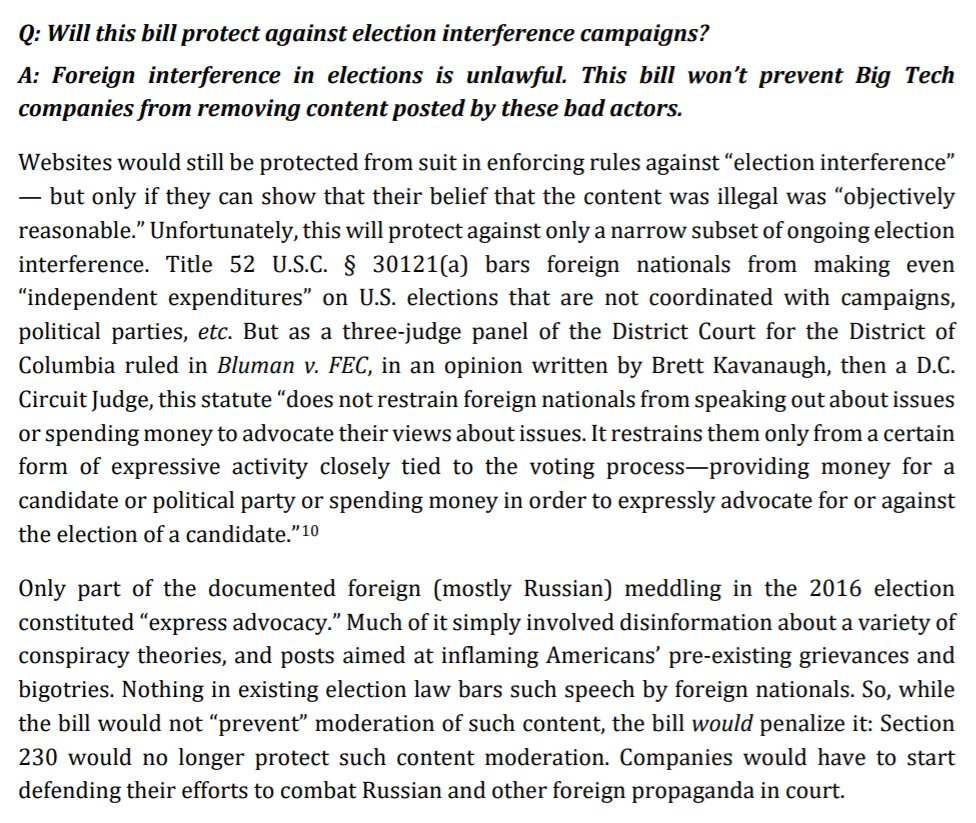 So, no, it& #39;s not enough for Republicans to say that   #Section230 would still protect moderation of illegal contentTheir bill would allow lawsuits to be sued for moderating the bulk of foreign election interference: "issue advocacy" that doesn& #39;t mention a specific candidate