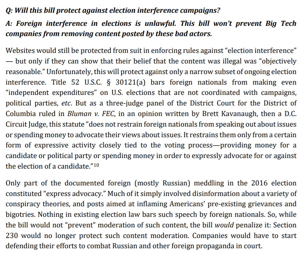 So, no, it's not enough for Republicans to say that  #Section230 would still protect moderation of illegal contentTheir bill would allow lawsuits to be sued for moderating the bulk of foreign election interference: "issue advocacy" that doesn't mention a specific candidate