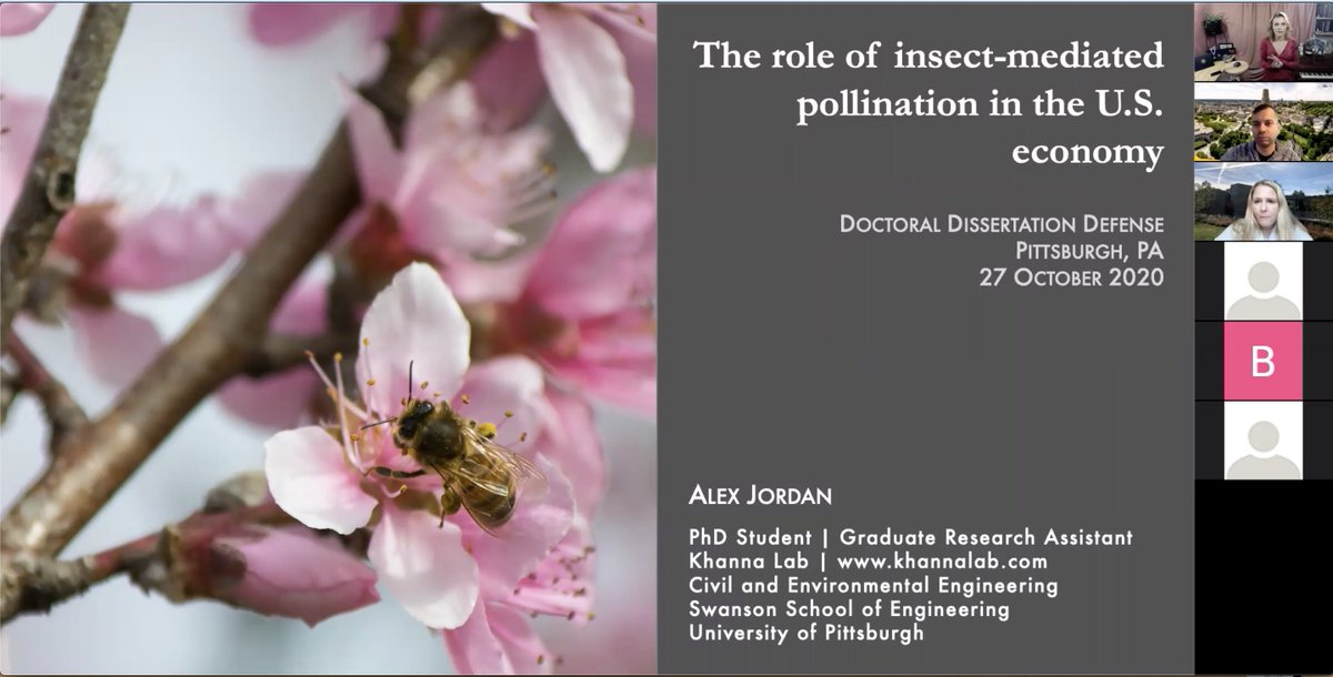 khanna_lab's tweet photo. Congratulations to PhD advisee @thinkalexjordan 
 on successfully defending her PhD dissertation! Many congratulations, Dr. Jordan! Exciting work on pollinators. We are proud of you!!! @PittEngineering @PittCivilEnvEng @PittGradENGR #WomenInSTEM #WomenInScience #pollinators https://t.co/oZvkd1C4Te