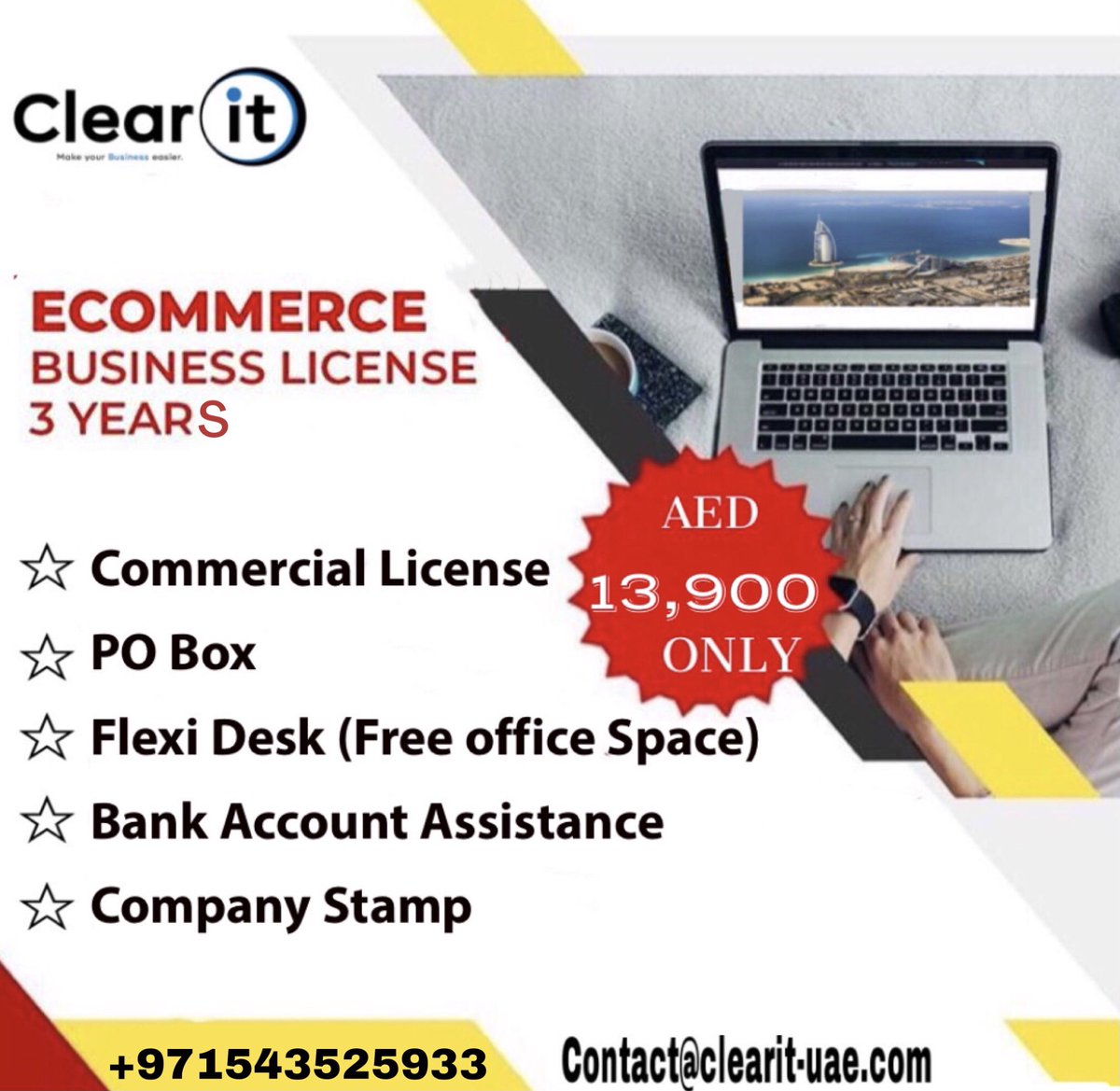 ClearitUae's tweet photo. E-commerce business License 3 years 
#ecommercebusiness #licence #dubaibusiness #setupcompany #dubai #UAE https://t.co/uRK9kU5Ko1