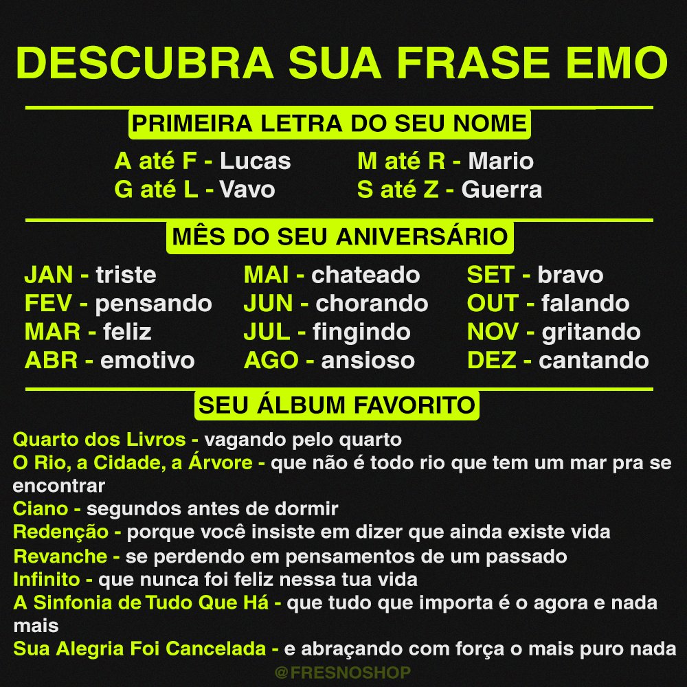 FresnoShop's tweet photo. E ae, como ficou sua frase emo?! 😎

👉 Marca os amigos pra fazer também! 🖤

#Fresno #FresnoRock #FresnoShop https://t.co/LLAeeCqksT