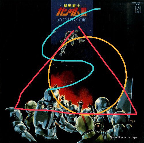 Umegrafix ウメグラ 赤い線は全体の三角構図 安定する王道の構図 黄色の円が前ツイートで言及した視線誘導 のライン 青線は 戦場の浮遊物も視線誘導の線をs字に描いてブライトの左手に