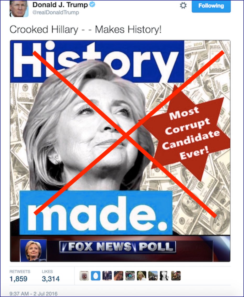 But today's America is the ugliest of all. Anti-Semitic imagery is unambiguous in tweets by Trump and his supporters. Here is an image tweeted out by Trump in July 2016. Same elements as from the 14th c.: allegations of corruption, associations with money, hints of conspiracy.