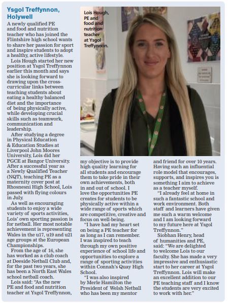 In the Leader today we introduce a new member to the Ysgol Treffynnon team, Lois Hough.