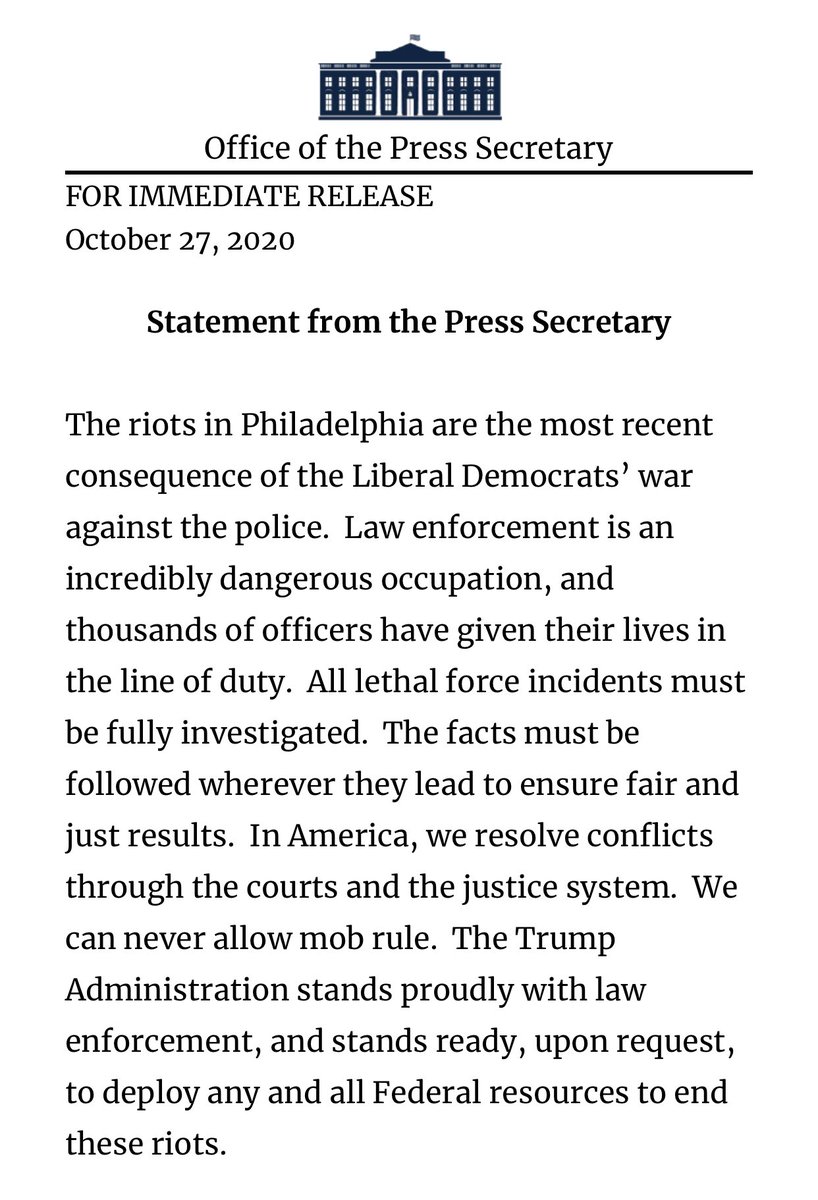 weijia's tweet image. Overnight the White House released a statement regarding the #phillyprotests, calling them “the most recent consequence of the Liberal Democrats’ war against the police.” 

No mention of what sparked them, though @Alyssafarah just said “any loss of life is a tragedy.”