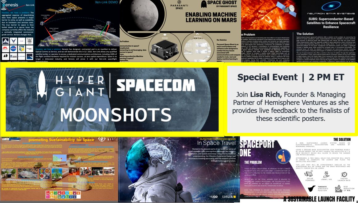SpaceComExpo's tweet photo. The best and brightest revolutionary space enthusiasts present their scientific posters to industry leader Lisa Rich of Hemisphere Ventures LLC. Join in at 2pm ET for FREE by registering at https://t.co/FBNNlIq1tD @hypergiant #specialevent #spacecom #spacecom2020 #moonshots https://t.co/6cRMcEwHVo