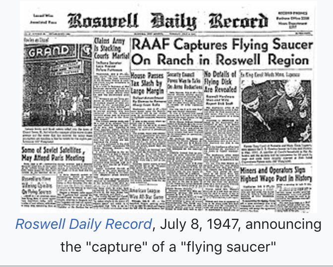 This began the series of UFO sightings across the US and elsewhere and was the birth of the term flying saucer. Then only a few weeks later, in July 1947 was the infamous story of the Roswell UFO crash  https://en.m.wikipedia.org/wiki/Roswell_UFO_incident