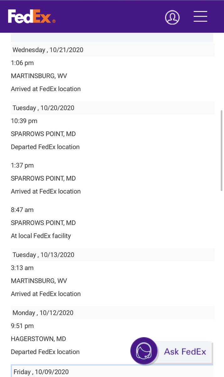 Jpbrski's tweet photo. ⁦@FedEx⁩ Tracking:
Hagerstown: 3 hrs from me
Martinsburg: 3.5 hours from me
Sparrows Point: 2 hours from me
Martinsburg (again): 3.5 hours from 
me

Also ⁦@FedEx⁩: we are experience delays 

I wonder why? 🤔 https://t.co/lBj7ZA3hFG
