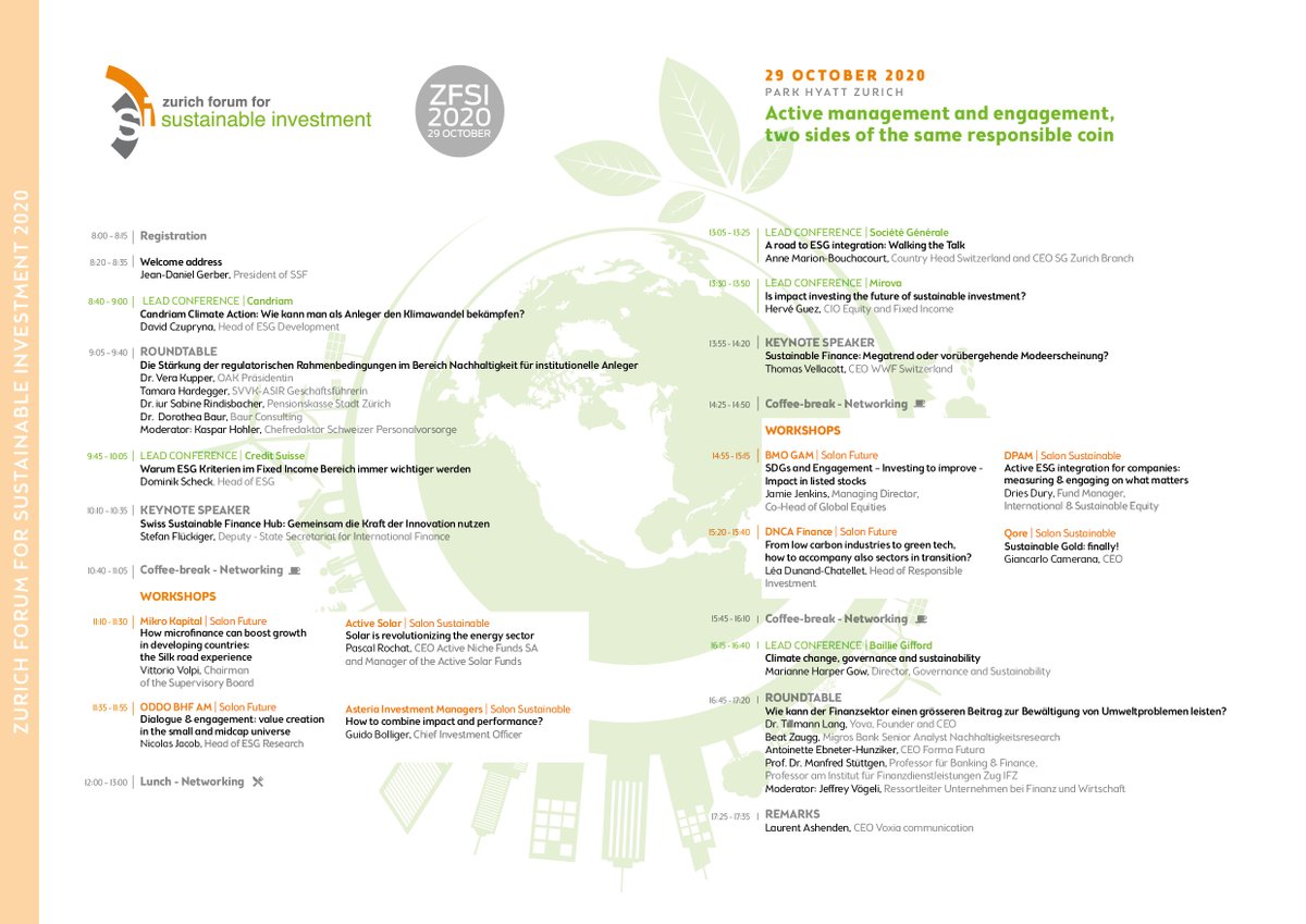The final #ZFSI2020 program is online!
2 Keynote speakers:
- Thomas Vellacott, CEO WWF Switzerland
- Stefan Flückiger, Deputy - State Secretariat for International Finance
13 conferences&amp;workshops
On the theme: Active management&amp;engagement, two sides of the same responsible coin.