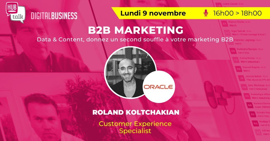 📆Rendez-vous le 9/11  à partir de 16h au prochain Hubtalk B2B #Marketing

🗣 <a href="/RKoltchakian/">Roland Koltchakian</a>, #CX Experience Specialist interviendra sur la thématique : Une Customer #DataPlatform pour les marques B2B : gadget ou véritable game changer ?

Pour s'inscrire 👉bit.ly/34kFq60