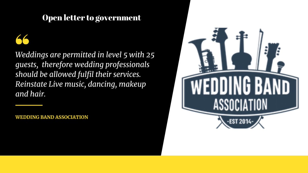 We are calling on <a href="/LeoVaradkar/">Leo Varadkar</a> @DonnellyStephen <a href="/MichealMartinTD/">Micheál Martin</a> <a href="/eamonryan/">Eamon Ryan</a> to omit the Lv. 5 measure singling out suppliers who provide live-music, hair and makeup. Link to our letter letter 👉 buff.ly/3kCQpxj Save #OurFirstDance 1/2