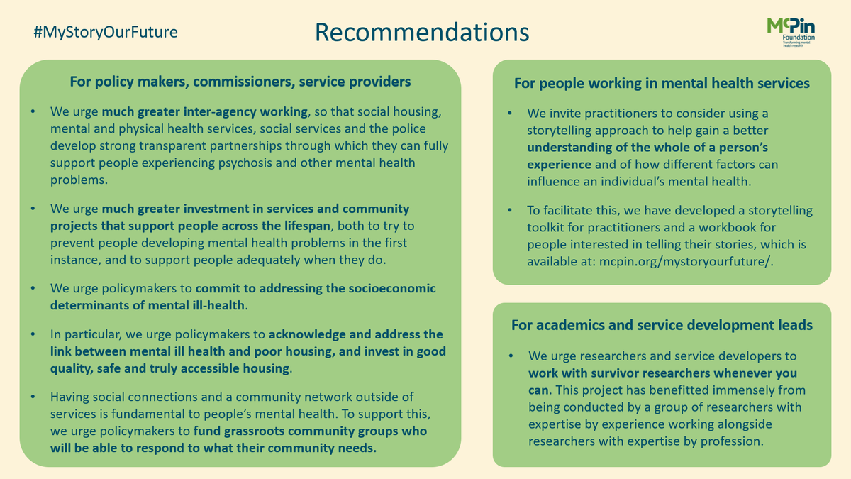  #MyStoryOurFuture showed just how connected a person’s social & economic environment is to their mental health. In doing so, this work adds a powerful voice to research that already exists, making this an urgent issue that cannot be ignored. Please see our recommendations. 10/13
