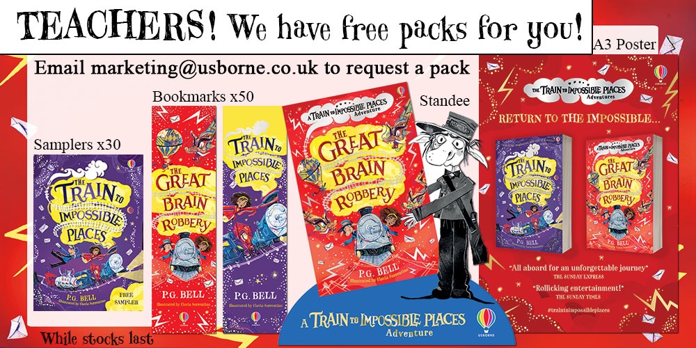 Usborne's tweet photo. Are you a teacher or a school librarian? We have some free #TraintoImpossiblePlaces packs to share with you! 🚂 Email marketing@usborne.co.uk with ‘Train School POS Request’ in the subject heading and the school address to send to! @petergbell https://t.co/2l2yJTHbzO