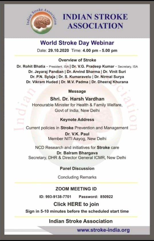 WarriorStroke's tweet photo. #India is gearing up to battle #stroke. Join in for this talk hosted by #IndianStrokeAssociation. #WorldStrokeDay #strokewarrior #kNOwstroke #29Oct https://t.co/d6T0RDjsLa