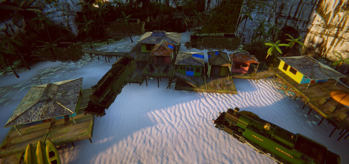 LOCO_Railroad's tweet photo. Trains in tropics? It's not right, but it's OK, initial test of day/night cycle using Unity demo. https://t.co/tnoEvugzhk