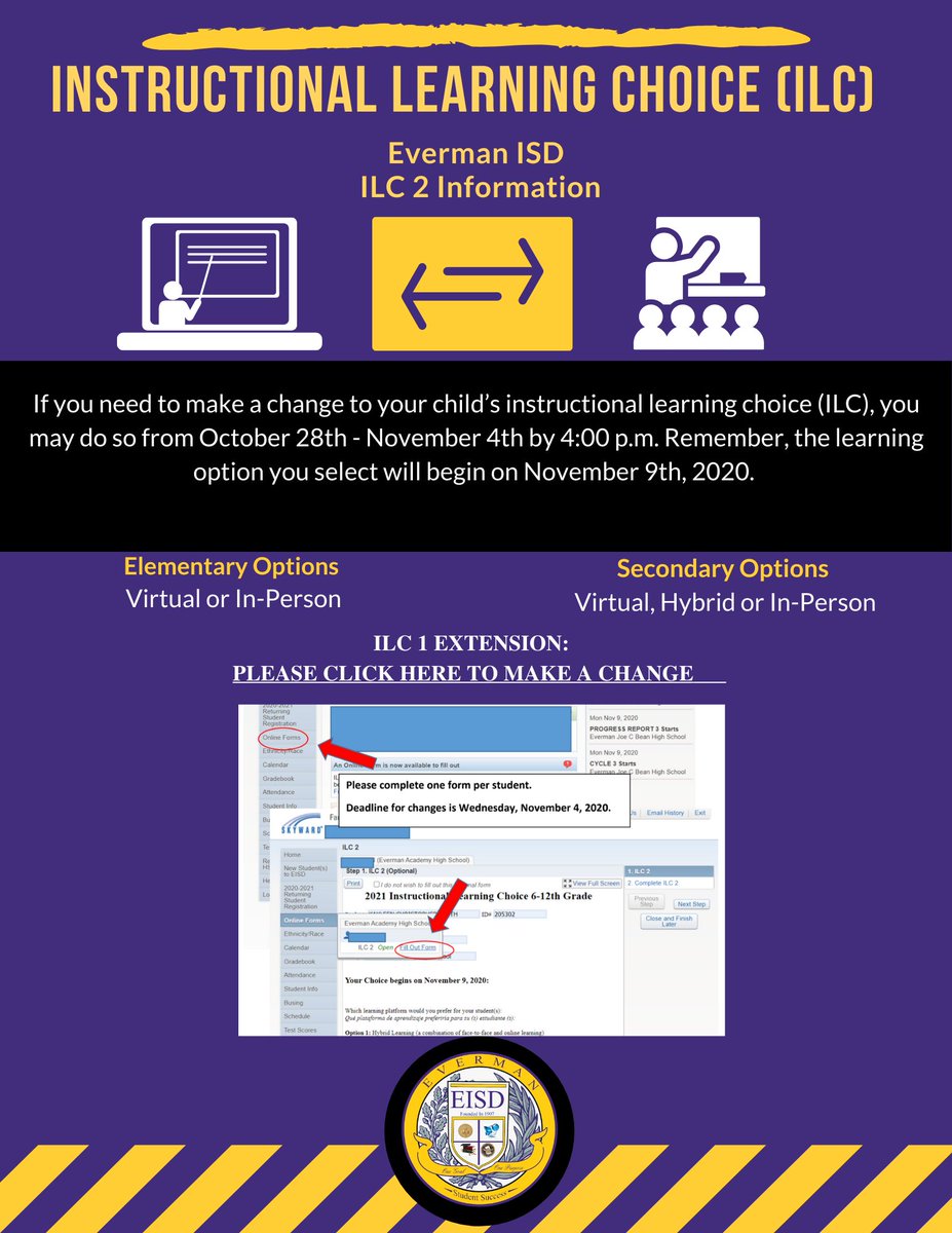 EvermanISD's tweet photo. Parents, the instructional learning choice portal will be open from October 28th -November 4th. 
You may access the link here : https://t.co/YYv0C5JyaX https://t.co/klrBbswQs6
