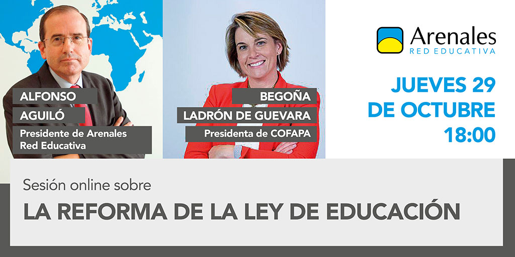 Demà a la tarda hi haurà una sessió informativa online a youtube sobre la reforma de la llei d'educació. Serà un col·loqui entre el sr. Alfonso Aguiló president de Arenales Red Educativa i la sra. Begoña Ladron de Guevara presidenta de COFAPA. No us la podeu perdre!