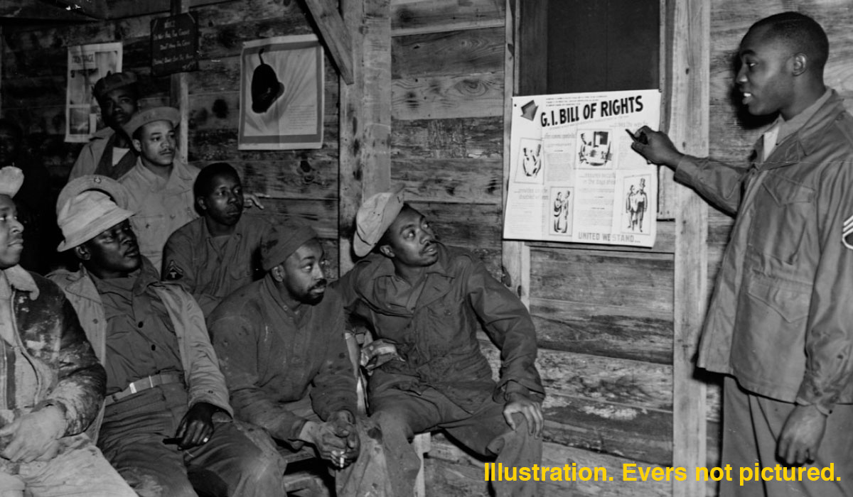 After the end of WWII on the trip back home from Europe Medgar Evers convinced five of his fellow soldiers into registering to vote.They would be 21 years old, the minimum legal age to vote at the time. They had fought bravely for their country abroad. But they were also Black.