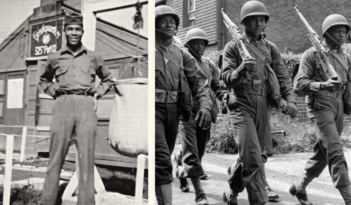 Starting in 1943 Medgar Evers served in an all-black unit of the 325th Port Company, led by white officers.As part of the Normandy invasion of France Medgar fought for the freedom of people in far off lands, wearing the uniform of a country that did not treat him as a free man.