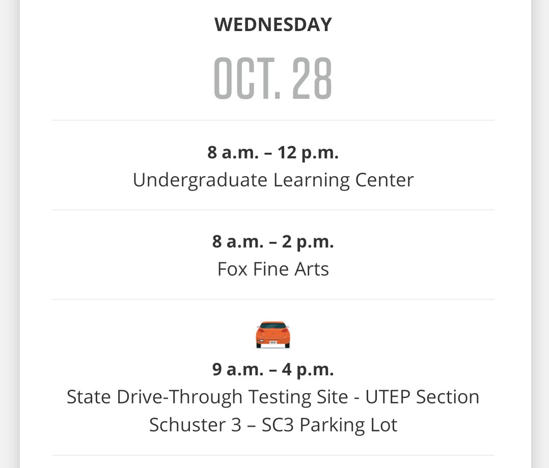 Good morning, Miners! Here are today's testing sites and times. Remember to wear your face coverings at all time and to bring your ID. Be safe, bundle up, and go Miners! 🧡💙⛏️🧡💙⛏️