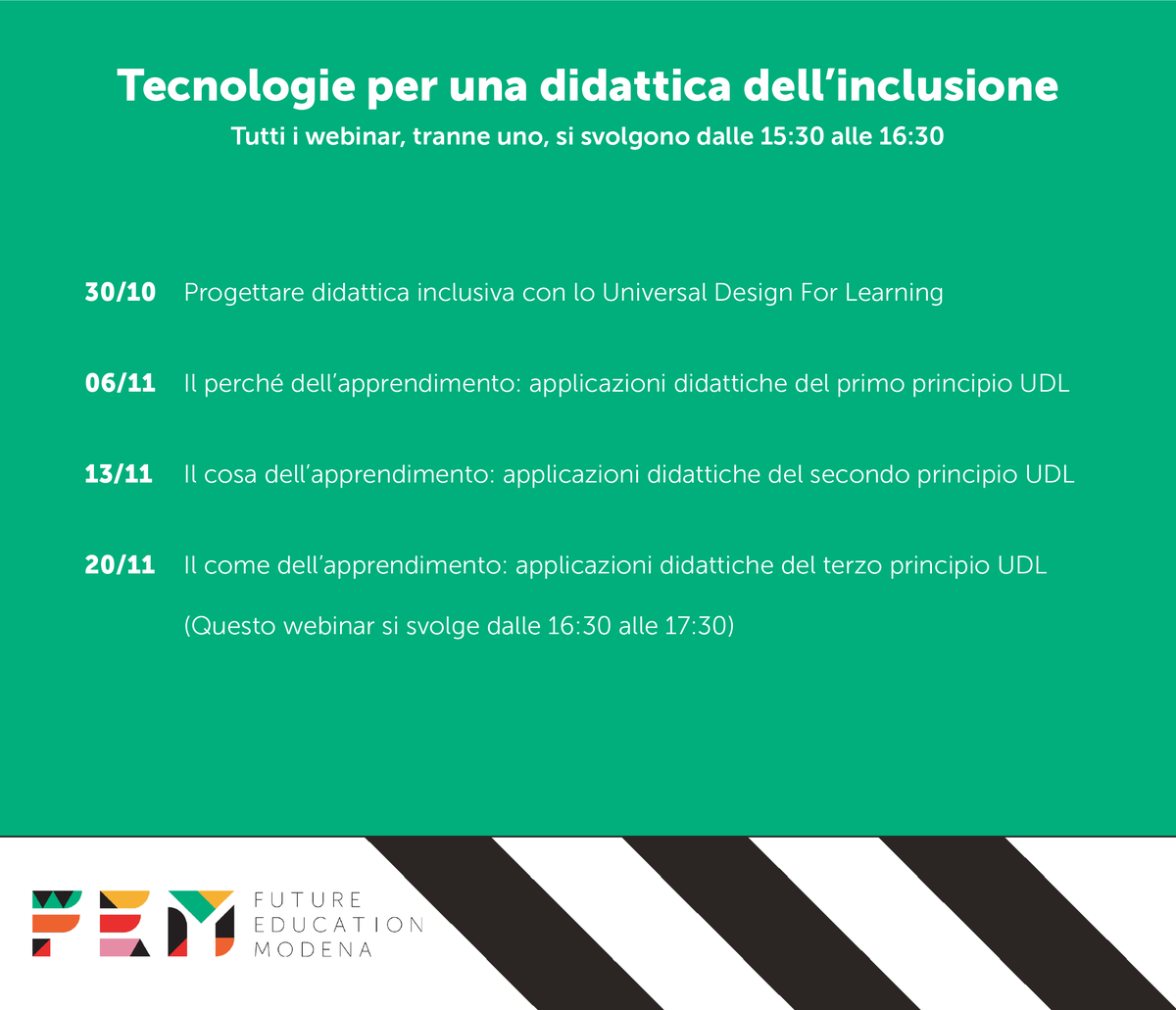 💻 #FutureEducationModena ha preparato un palinsesto di 4 webinar sul tema "Tecnologie per una didattica dell'inclusione". 

👉 Nella foto il calendario completo. I webinar sono gratuiti, clicca qui per effettuare la registrazione | fem.digital/webinar/