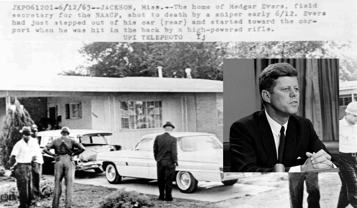 On the night of June 11, 1963 President Kennedy announced his support for the Civil Rights Movement in a major televised speech.Hours later as Medgar Evers parked in his driveway, a stack of "Jim Crow Must Go" shirts he was carrying fell to the ground. A sniper had shot him.
