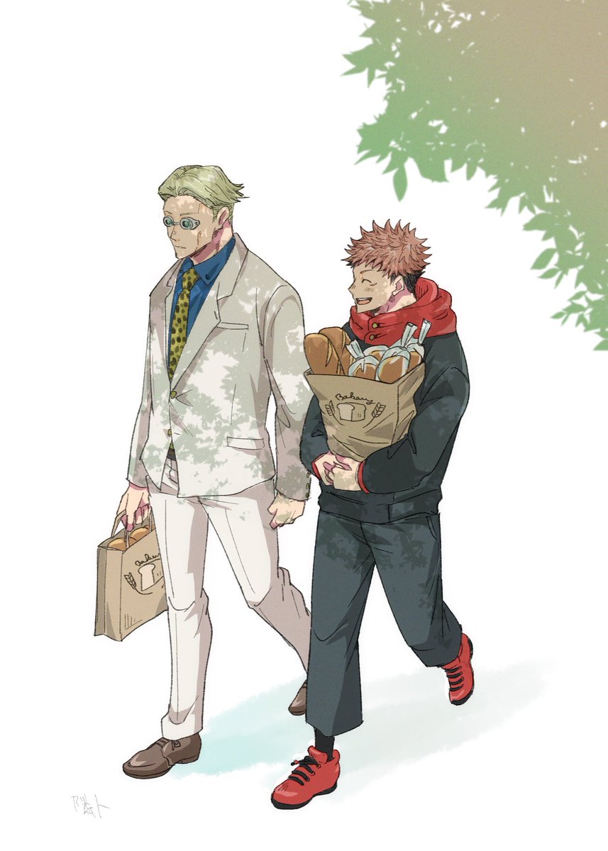 itadori yuuji ,nanami kento multiple boys red footwear pants short hair male focus necktie shopping bag  illustration images