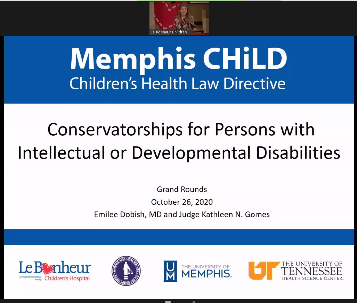 UTHSCPHMFellows's tweet photo. This morning @EmileeAdelyn led @LeBonheurChild Grand Rounds with Judge Kathleen Gomes to discuss the importance and ins and outs of conservatorships for persons with intellectual or developmental disabilities. https://t.co/Q4KSqMqMsl