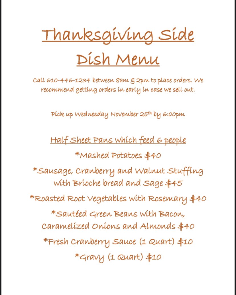 KettleHavertown's tweet photo. Place your orders for Thanksgiving before they sell out. Pick up is the Wednesday before by 6 pm. Call 610-446-1234 during our hours 8-2 Tuesday-Saturday. 🦃 https://t.co/y2enMZGtEj