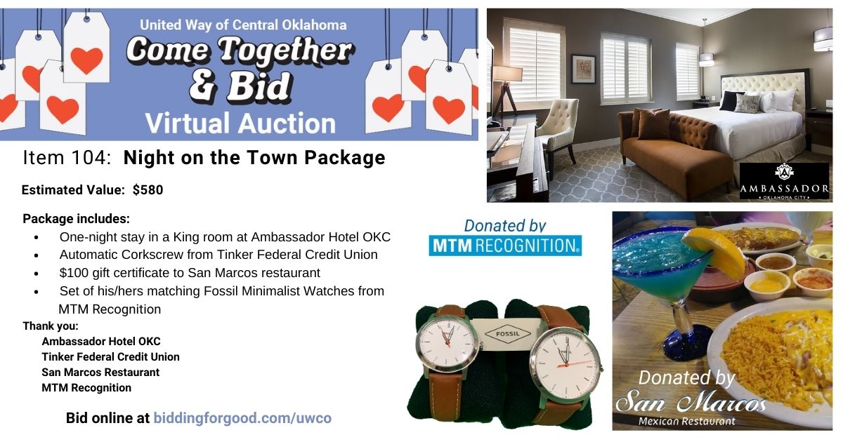 unitedwayokc's tweet photo. Is it time for date night? We've got you covered in today's featured COME TOGETHER &amp; BID auction package!

Thank you @AmbassadorOKC, @mtmrecognition, San Marcos Restaurant and @TinkerFCU for donating these items!

Only 1 more day to get your bids in! https://t.co/aAMb2v0zOW https://t.co/Arhzv4Q4dg