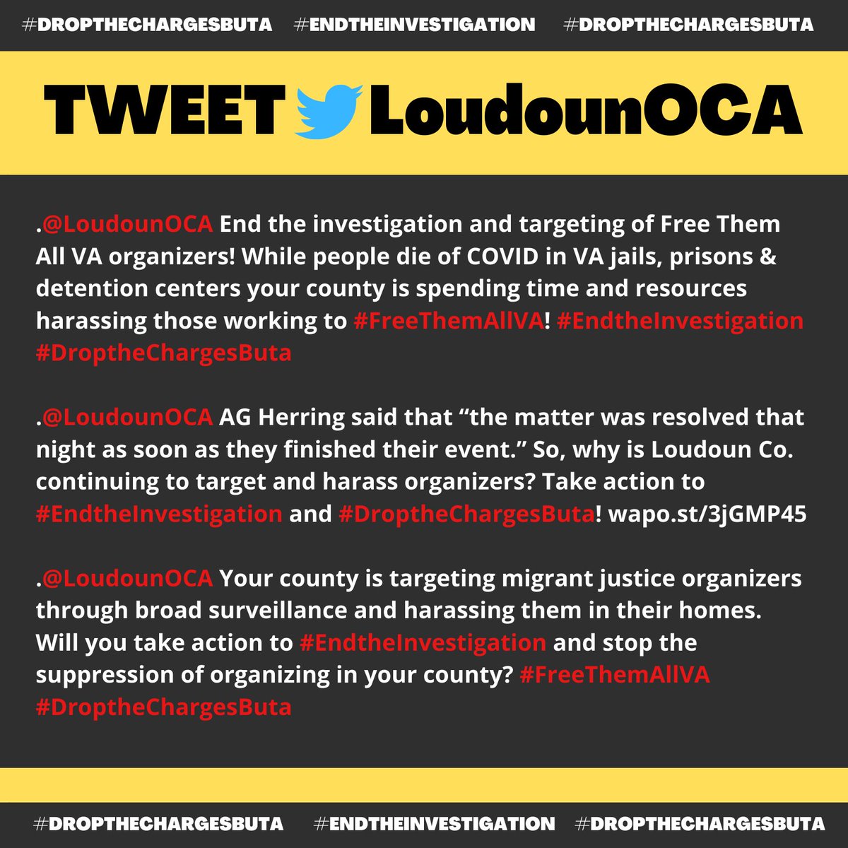 FreeThemAllVA's tweet photo. Take action now! Tell @LoudounOCA Buta Biberaj to end the investigation into @FreeThemAllVA organizers, drop all charges, and stop the targeting of migrant justice organizers in her county! #EndtheInvestigation #DroptheChargesButa 

Action guide: https://t.co/2HgYmLr8zt https://t.co/8JjJ95z6Mn