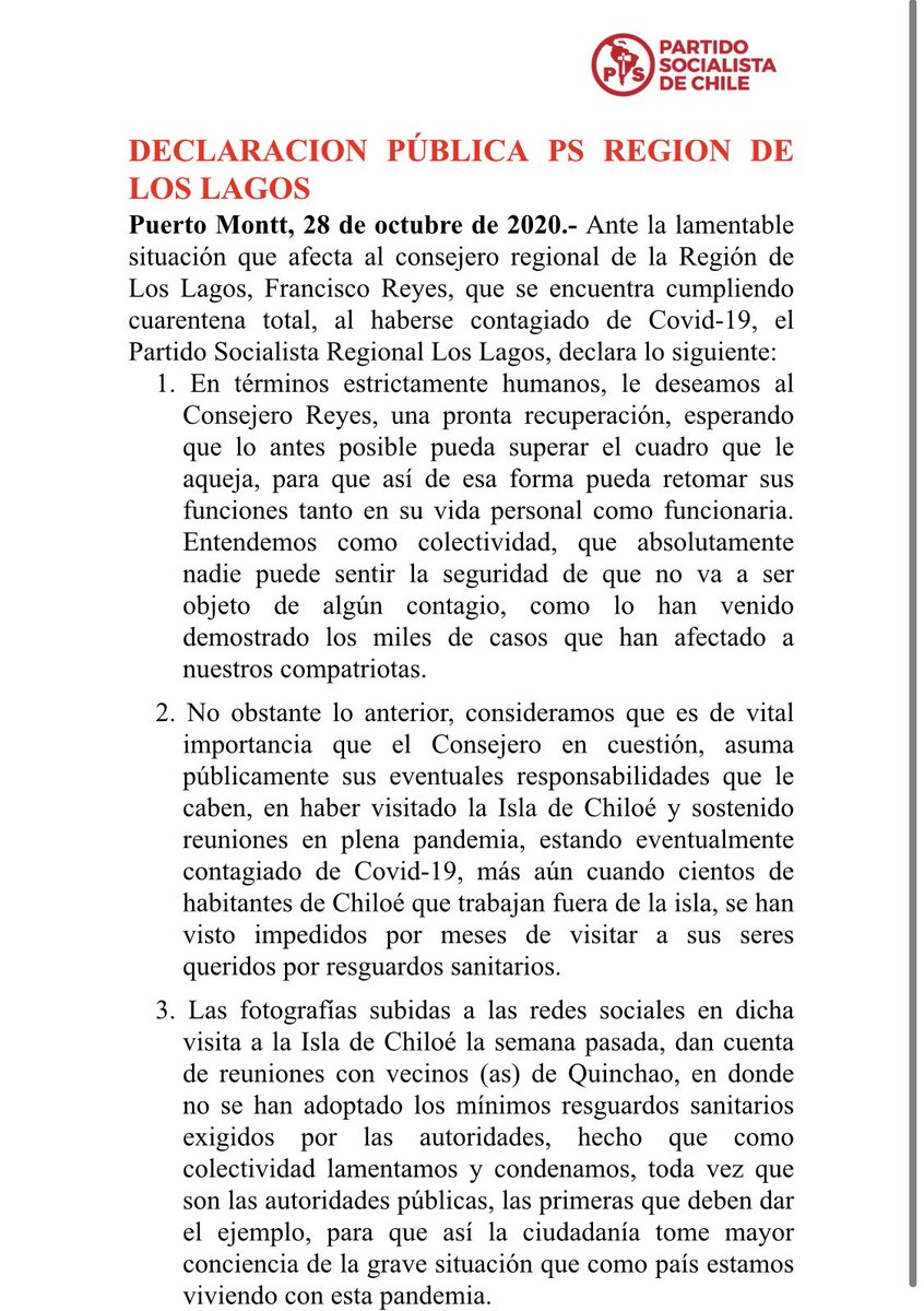 ChiloeDecide's tweet photo. Ante la situación que afecta al consejero regional de la Región de Los Lagos, Francisco Reyes, que se encuentra cumpliendo cuarentena total, al haberse contagiado de Covid-19, el Partido Socialista Regional Los Lagos, declara lo siguiente: https://t.co/3EWVTLyGlG
