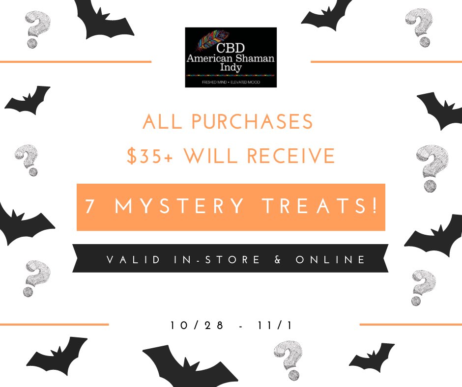 ShamanIndy's tweet photo. Today through end of day Sunday, we’re giving away a FREE BAG of CBD goodies with every purchase! 

Celebrate the spooky weekend the right way with FREE CBD! 

*Minimum $35 purchase, can’t be combined with any other offers. #CBD #Halloween2020 https://t.co/PRYddZ1T2i
