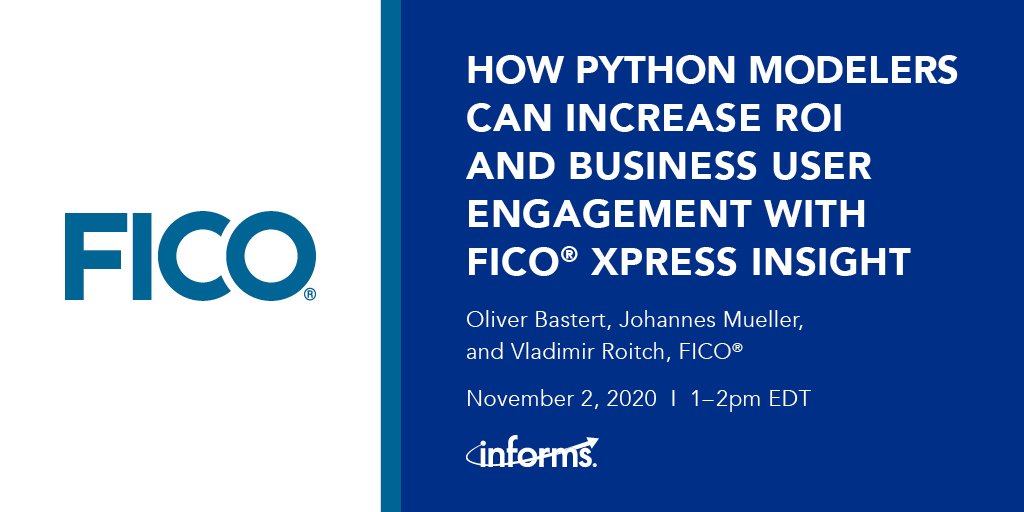 Join Oliver Bastert, Johannes Mueller, and Vladimir Roitch of @FICO on 11/2 at 1pm EST as they discuss how to deploy a #Python model in FICO Xpress Insight, customization options for Python models, and practical demos of several common use cases. Register: bit.ly/34ymOiO