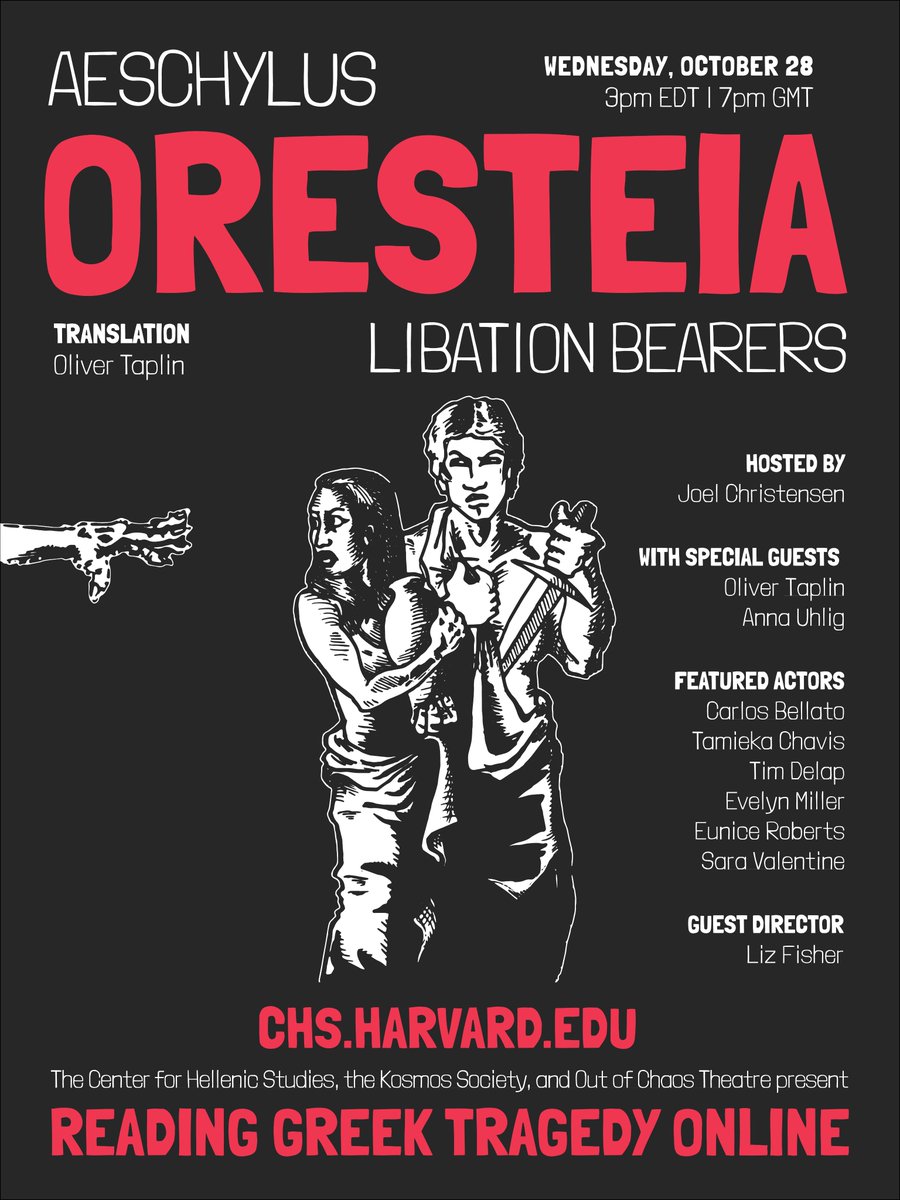 Join our amazing cast at 7pm GMT tonight (Weds 28th) for part 2 of the Oresteia...

Watch live or catch up later here: youtu.be/nFhfG3l8yjA

Libation Bearers is the latest in our weekly series with 
<a href="/HellenicStudies/">Center for Hellenic Studies</a> <a href="/sentantiq/">sententiae antiquae</a> and <a href="/TheOMahony/">Paul O'Mahony</a>
 
#RGTO